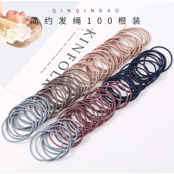 [Set 100] Túi 100 dây cao su buộc tóc co giãn màu trơn phong cách Hàn Quốc cho nữ