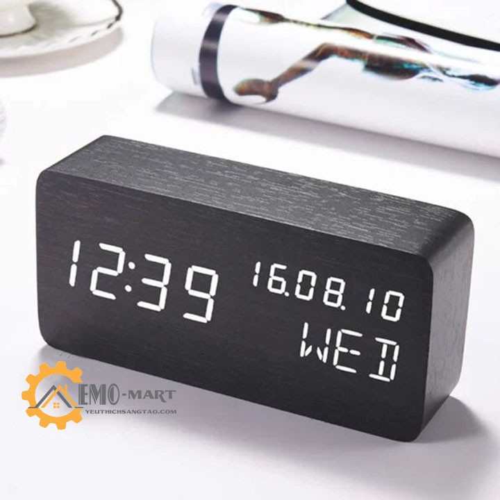💥 Đồng hồ điện tử báo thức 💥 BH 12 THÁNG 💥 Vỏ Gỗ - Có pin lưu giờ - Cảm biến âm thanh - Hình chữ nhật