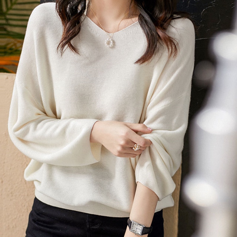 Áo len nữ RENJIANVSHENG tay dài cổ chữ V thời trang