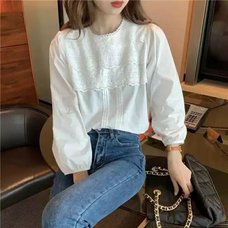 áo kiểu ren ngực thêu hoa vintage ảnh thật