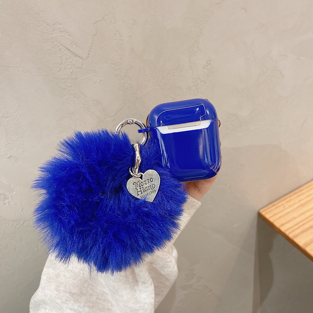 Vỏ bọc TPU mềm bảo vệ hộp sạc tai nghe bluetooth Airpods 1/2 pro gắn móc khóa hình trái tim phối bóng lông dễ thương