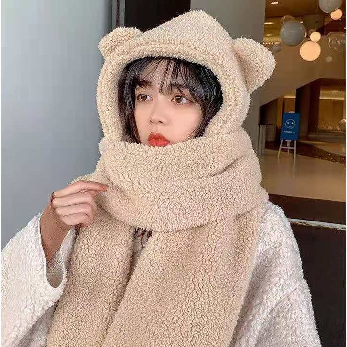 Mũ lông cừu tai gấu kèm khăn quàng cổ gang tay cute, dễ thương
