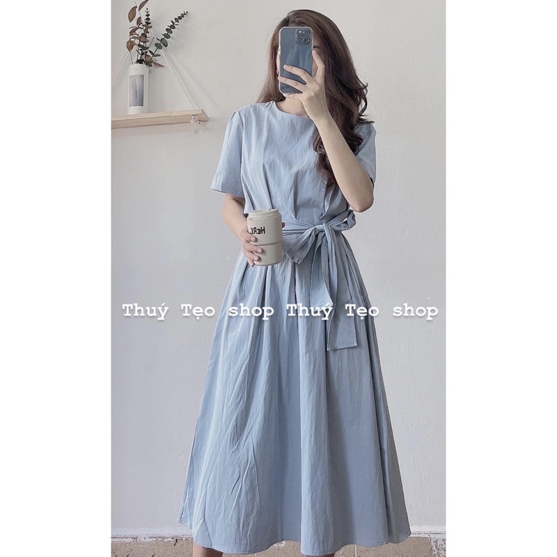 Váy thiết kế xếp li eo dáng xoè - Váy nữ cộc tay trơn dáng xoè tiểu thư
