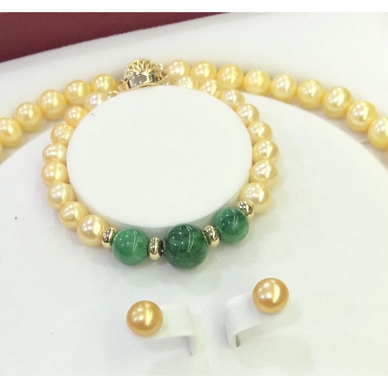 Bộ Trang Sức Hạt Ngọc Trai Vàng 9ly Mix Đá Xanh Sang Trọng Dự Tiệc, Quà Tặng - Ngọc Trai Trường Thịnh