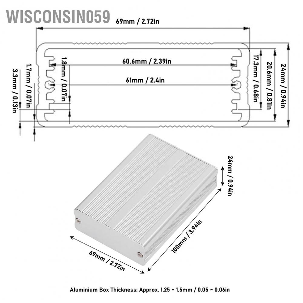 Wisconsin059 Aluminium Electric Box Waterproof Junction Enclosure Case Integrated for DIY Silver 24x69x100mm