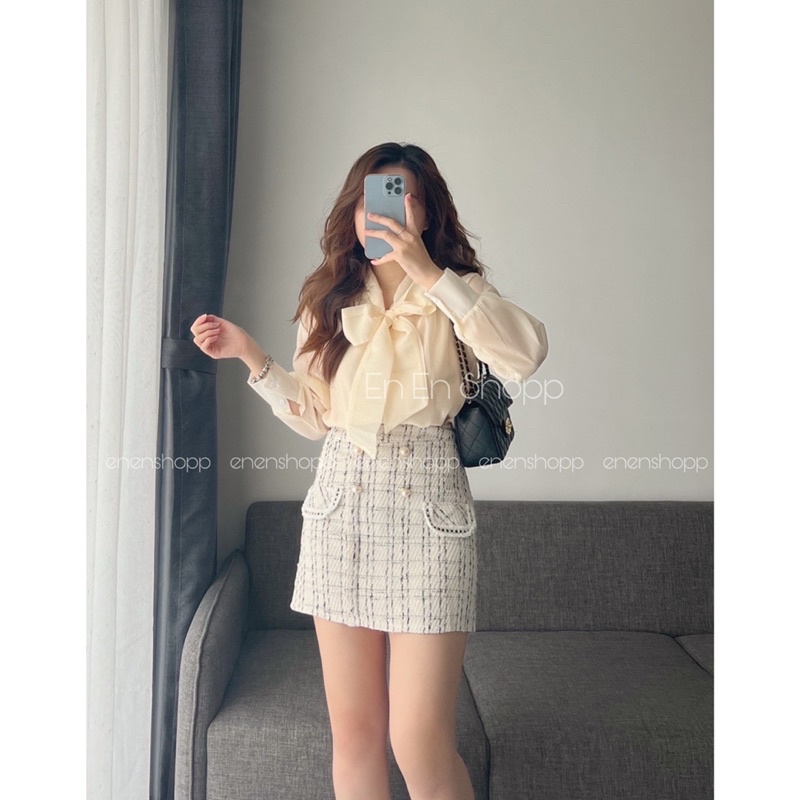 Áo organza cổ nơ