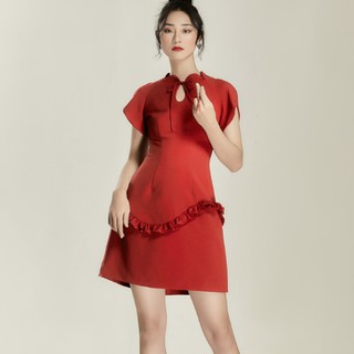 Đầm scarlet phối cổ nơ tay ngắn nữ đỏ at moda de lita