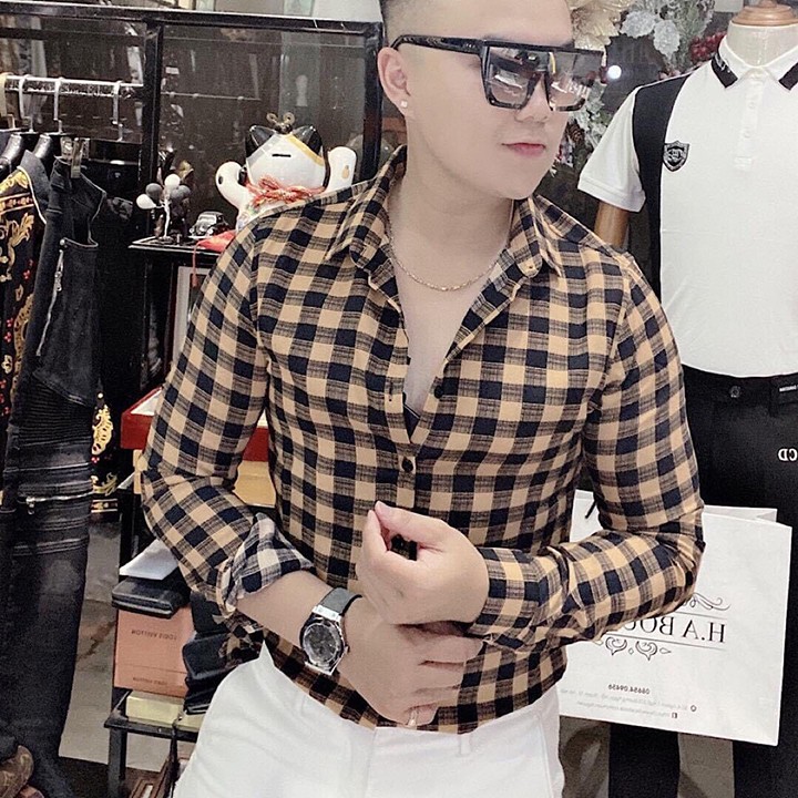 Áo sơ mi tay dài nam chất vải lụa kẻ sọc form body - SMN01