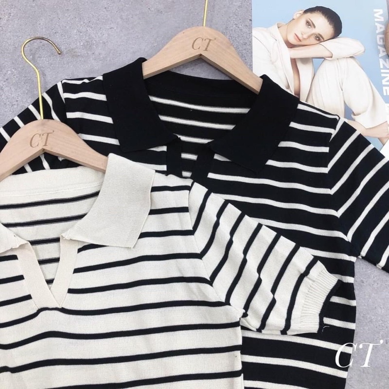 Áo len mongtoghi cổ đức ngắn tay kẻ sọc xinh xắn