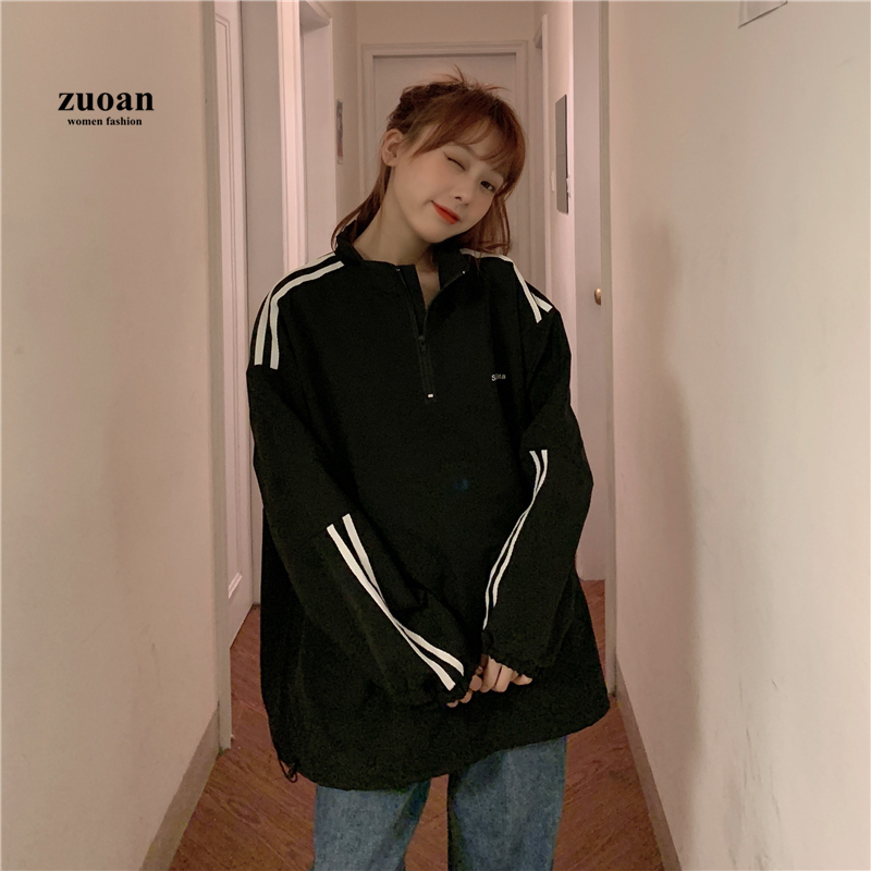 Áo sweater SUXI cổ đứng in chữ phối khóa kéo cá tính cho nữ