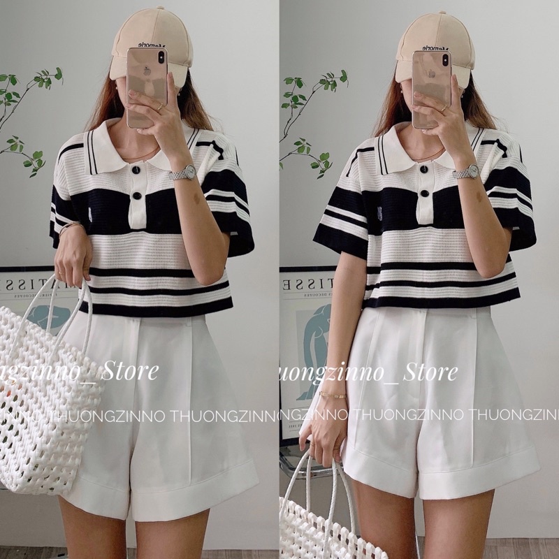 [Ảnh thật/Video]Áo kẻ polo Tây có cổ kiểu mongtogi Quảng Châu  Áo len sọc ngang Hàn Quốc