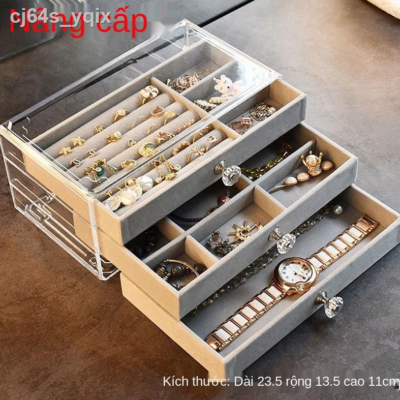 ☸ ☂ ♠ ๑có thể xếp ngăn kéo ba tầng kiểu tay cầm pha lê hộp trang sức hoa tai vòng cổ đựng đồ hoàn thiện hiện vật