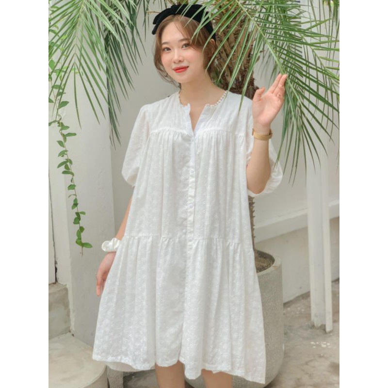 Đầm babydoll trắng ren xô thêu cao cấp