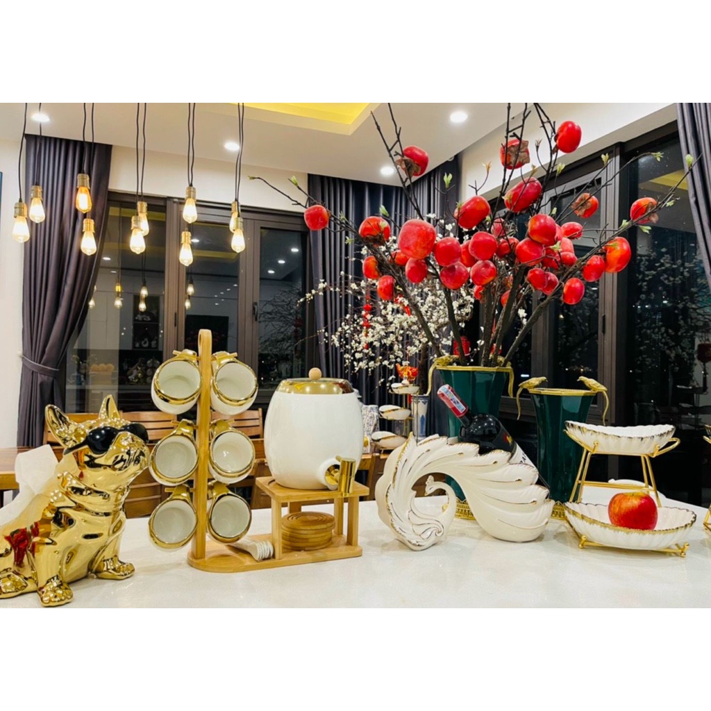 Bộ bình trà gốm sứ, bình trà sứ cao cấp xanh cổ vịt viền vàng dung tích 3l phong cách Bắc Âu