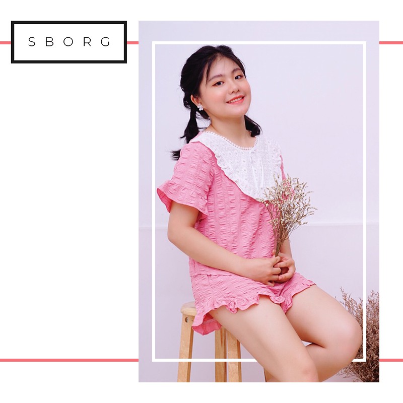 Đồ ngủ cute SBORG đồ bộ mặc nhà xô xốp phối ren cute quần đùi viền bèo freesize dưới 60kg quà tặng vợ