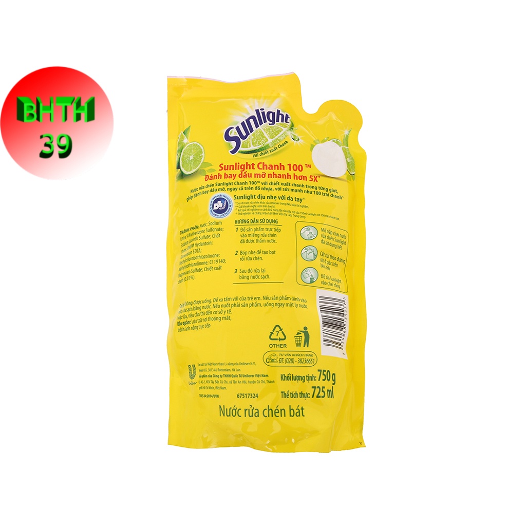 Nước rửa chén sunlight chanh túi 750g