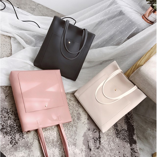 [Sẵn nâu/trắng có video] Túi tote da trơn đeo vai có ngăn ngoài tiện lợi (tặng kèm móc treo) - P003 | BigBuy360 - bigbuy360.vn