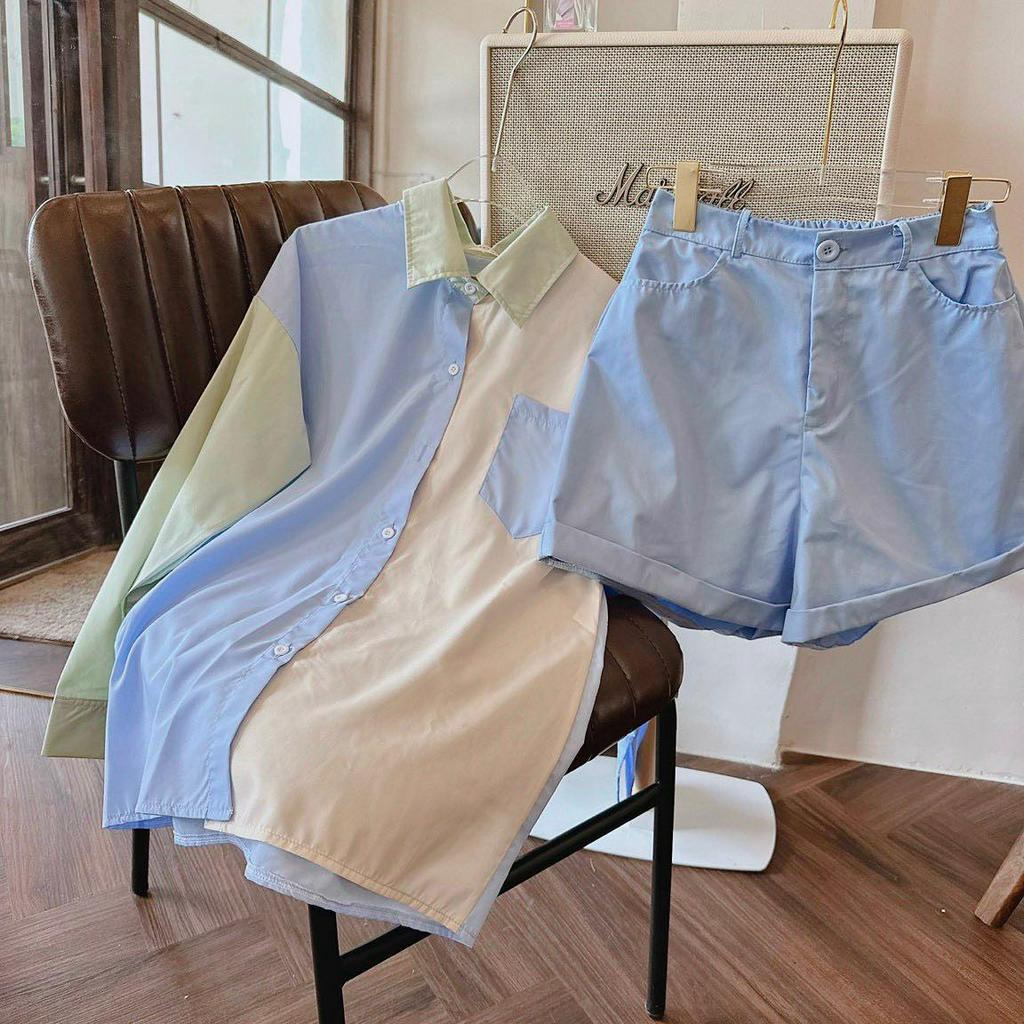 SET ÁO SƠ MI PHỐI MÀU + ÁO 2 DÂY TRẮNG + SHORT XANH