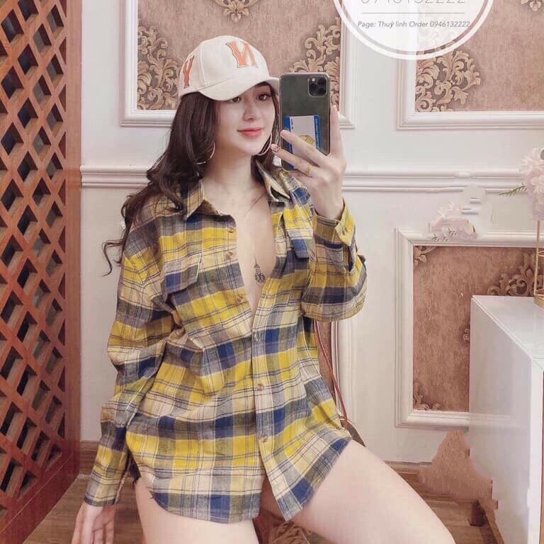 ÁO SƠ MI CARO TÚI HỘP VÀNG HỒNG NÂU QUẢNG CHÂU