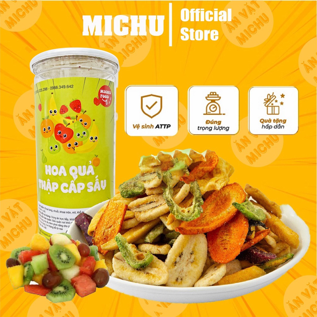 Hoa quả sấy mix nhiều vị đồ ăn vặt loại 1 món ăn cao cấp hũ 260g - MiChu Food