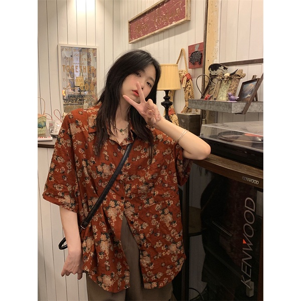Áo Sơ Mi Tay Ngắn Dáng Rộng In Hình Hoa Hồng Phong Cách Vintage