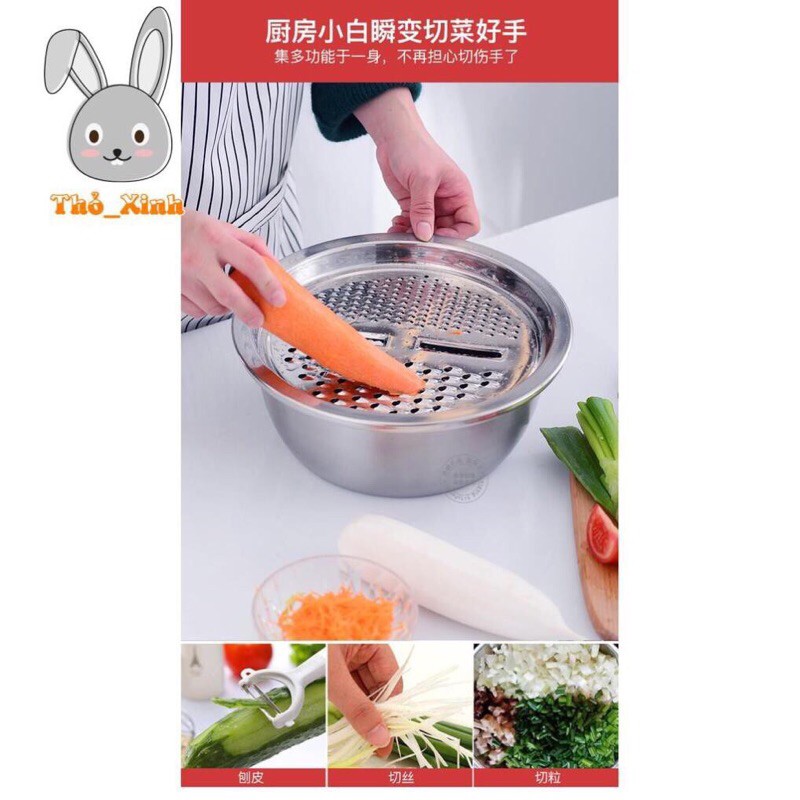 [FreeShip] Bộ Bào Nạo Rau Củ Kiêm Rổ Và Chậu Inox Cao Cấp Đa Năng