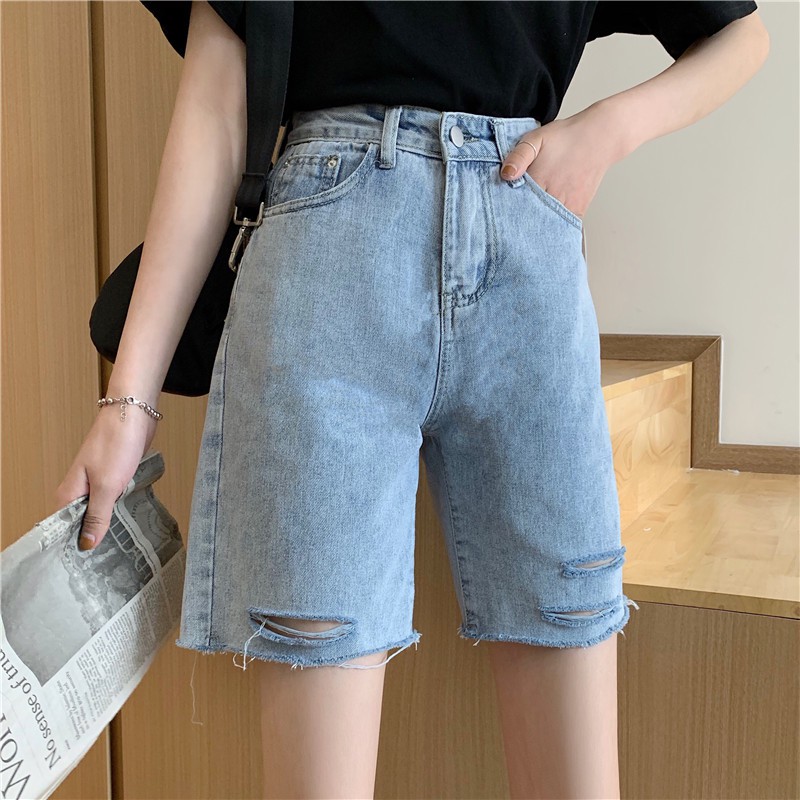 Xiaozhainv Quần Đùi Denim Ống Rộng Rách Tua Rua Cá Tính | BigBuy360 - bigbuy360.vn