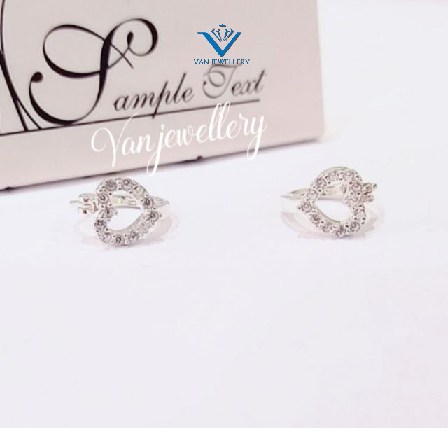 Bông tai bạc bông cài trái tim gắn đá trắng nhỏ Van Jewelry 10700