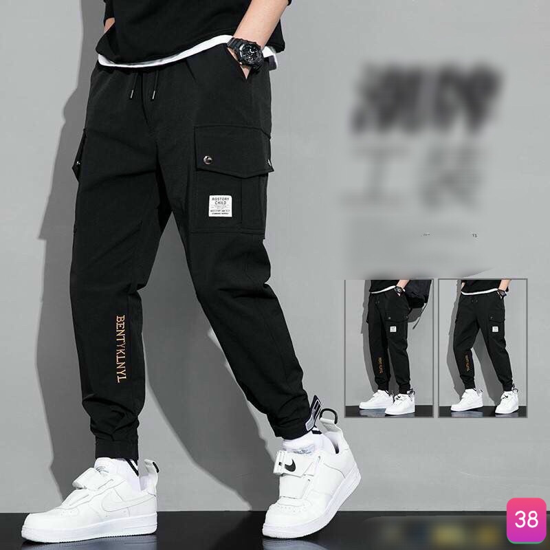 Quần Jogger Kaki thể thao lưng thun ống bó túi hộp đen kem phong cách M135