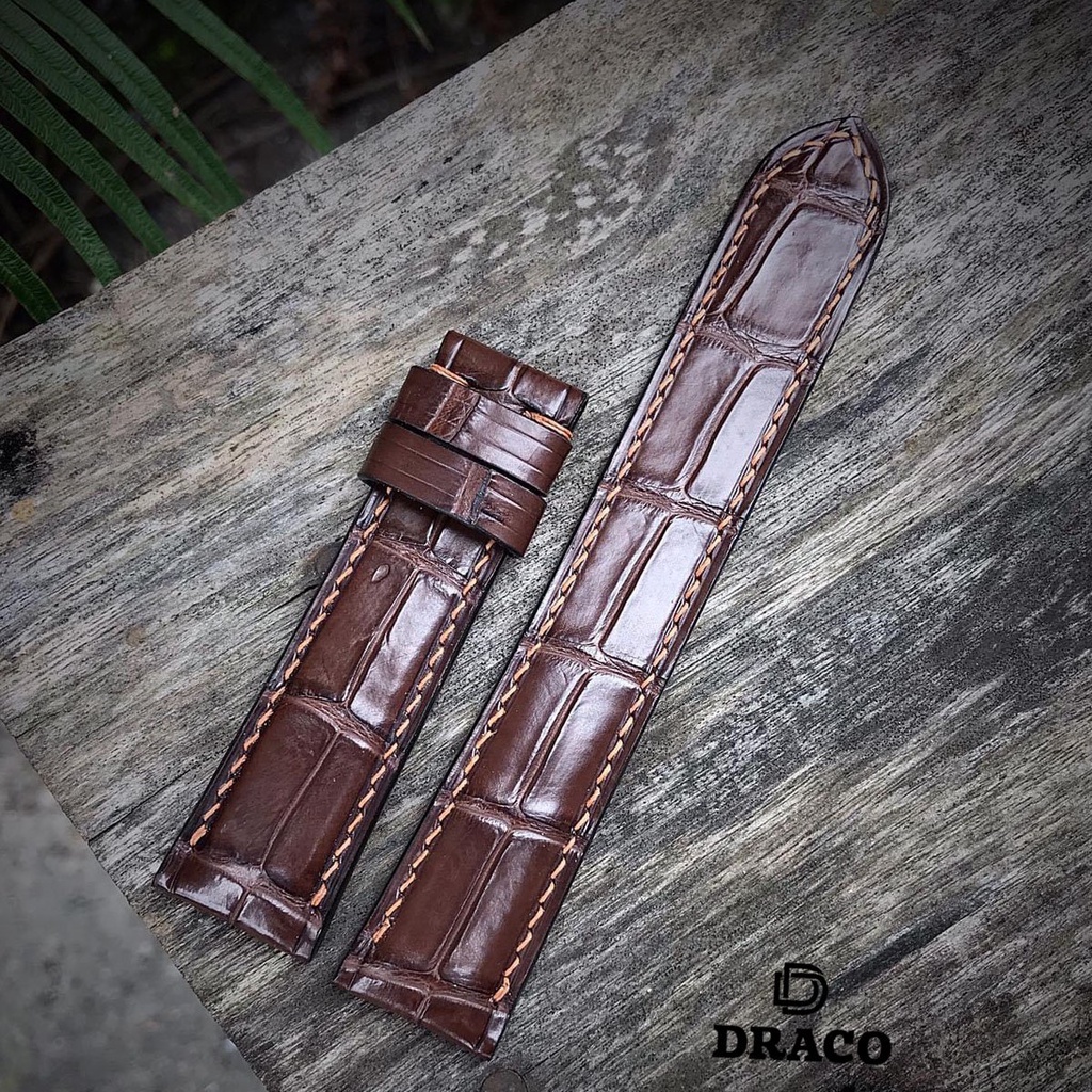 Dây da đồng hồ Draco DDDH01 màu nâu size 20 - 22  chất liệu da bò thật cao cấp dập vân cá sấu