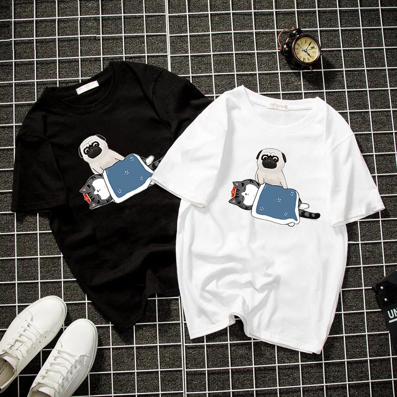 Áo thun unisex form rộng mèo hoàng thượng và chó pug vải dày mịn 2019T2101