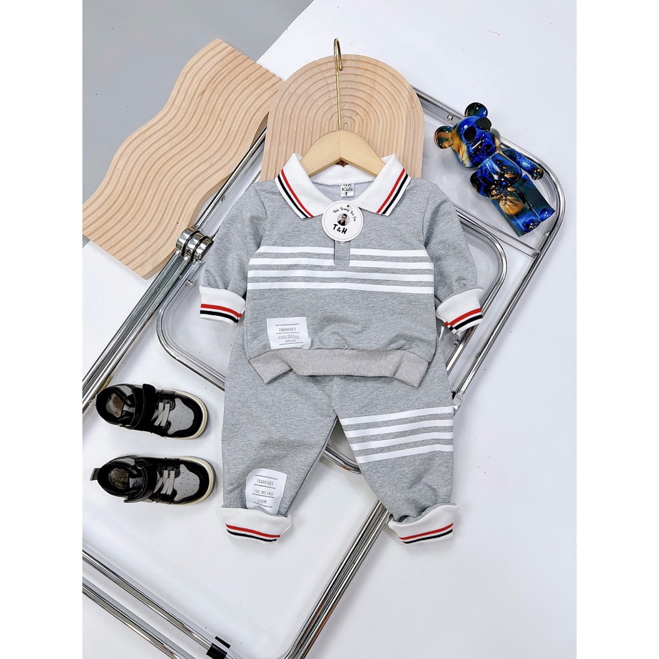 Đồ bộ bé trai, Set quần áo dài thu đông 4 vạch kẻ ngang chất nỉ da cá đẹp trai cho bé từ 8 đến 20 kg, DUCK387