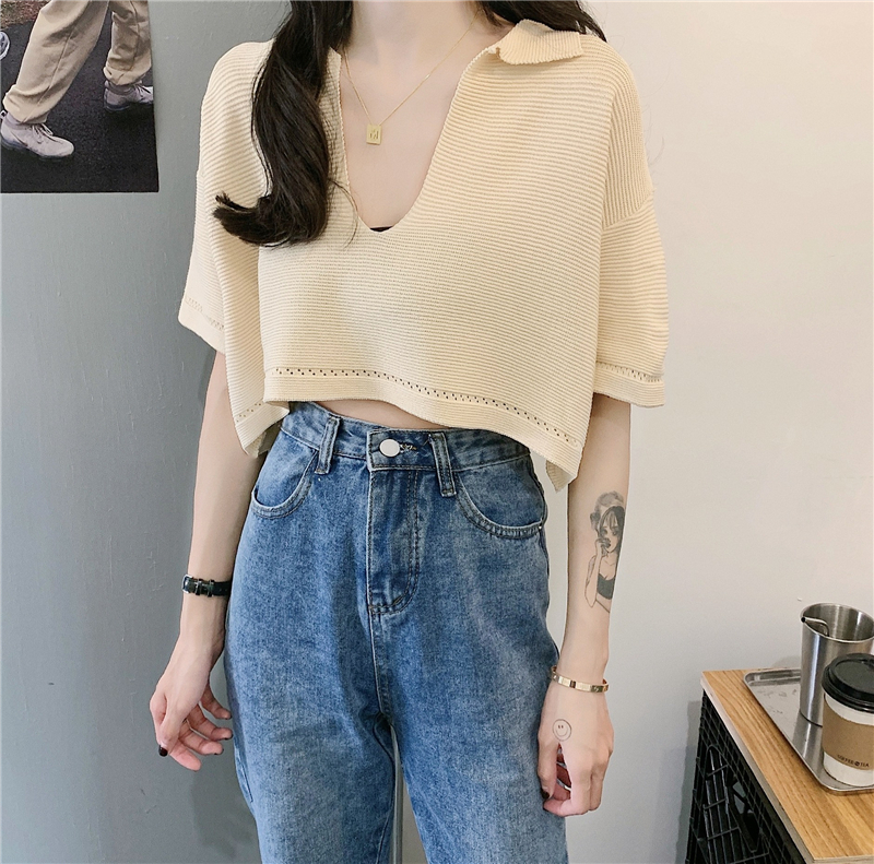 COZOK áo thun nữ bộ hè áo croptop áo phông áo nữ Áo Dệt Kim Tay Ngắn Thiết Kế Đơn Giản Trẻ Trung Cho Bạn Gái
