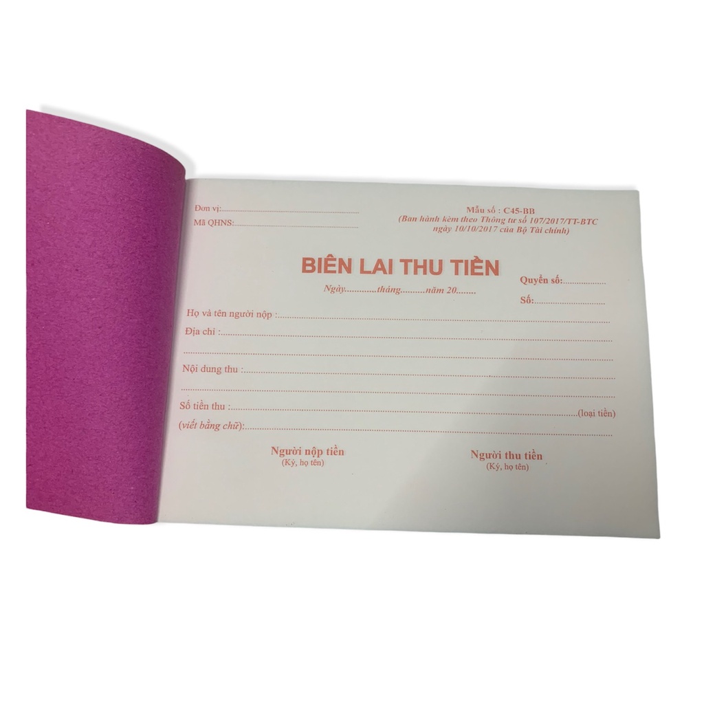 Biên lai thu tiền 3 liên Mẫu C45-BB kích thước 13x19cm có rãnh xé
