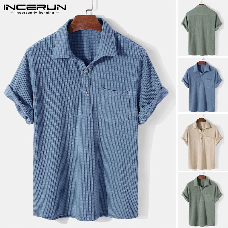 Áo Sơ Mi INCERUN Vải Nhung Kẻ Cổ Bẻ Ngắn Tay Màu Trơn Thời Trang Vintage Cho Nam