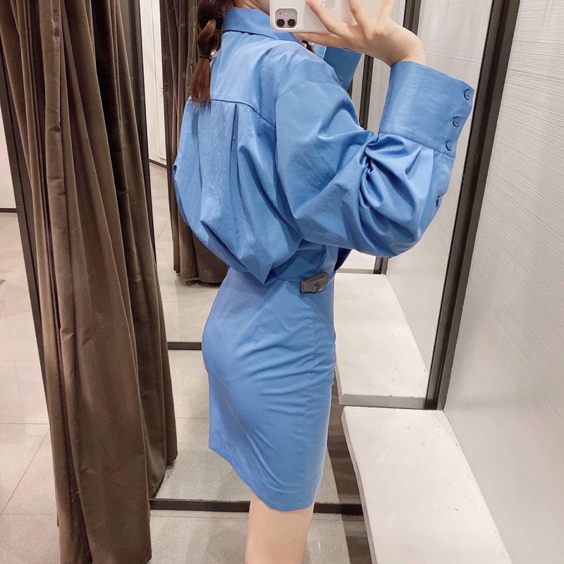 ZARA Đức - Đầm váy sơ mi sale auth new tag cao cấp chính hãng form ôm body ngắn nút tay dài xanh trời dương có sẵn