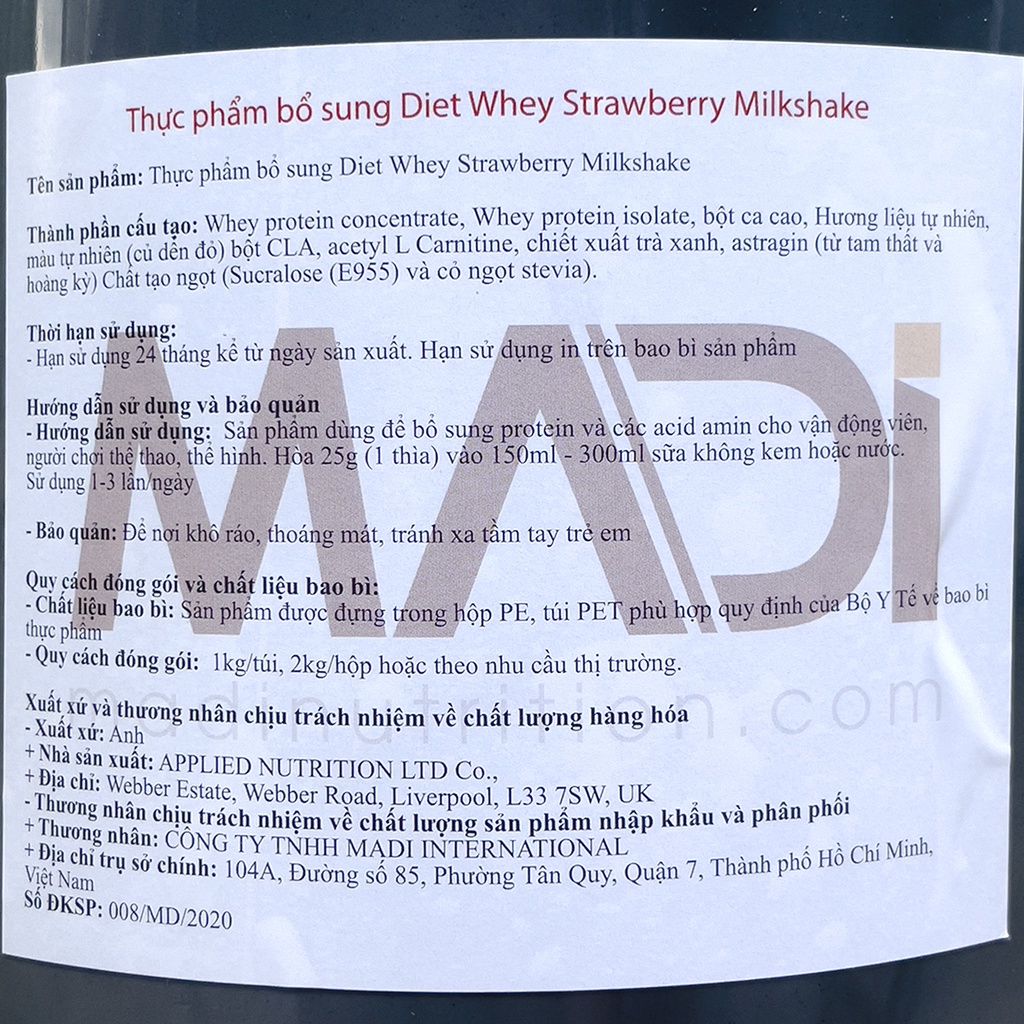 Sữa tăng cơ giảm mỡ DIET WHEY của APPLIED NUTRITION hộp 72 lần dùng - Hàng chính hãng