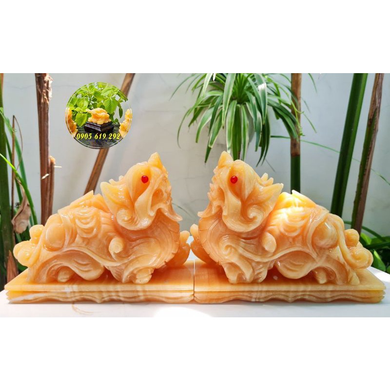 Cặp Tỳ Hưu 20 cm đá Ngọc Hoàng Long và xanh Ngọc Pakistan nguyên khối, nặng 7kg, có cả đế