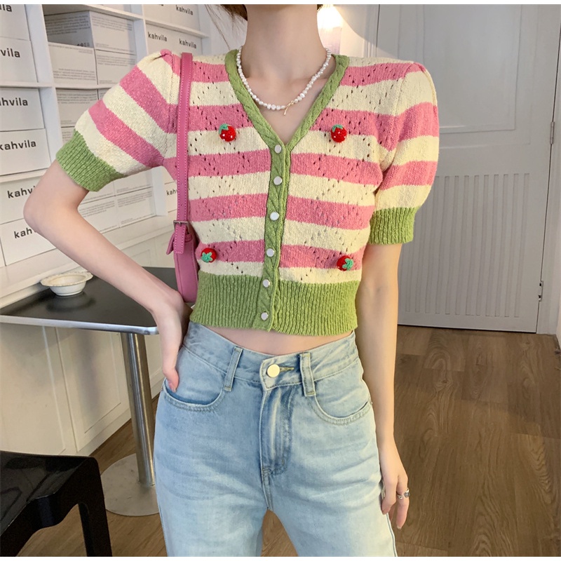 Áo croptop Xiaozhainv dệt kim ngắn tay cổ chữ V họa tiết kẻ sọc phong cách Hàn Quốc cho nữ