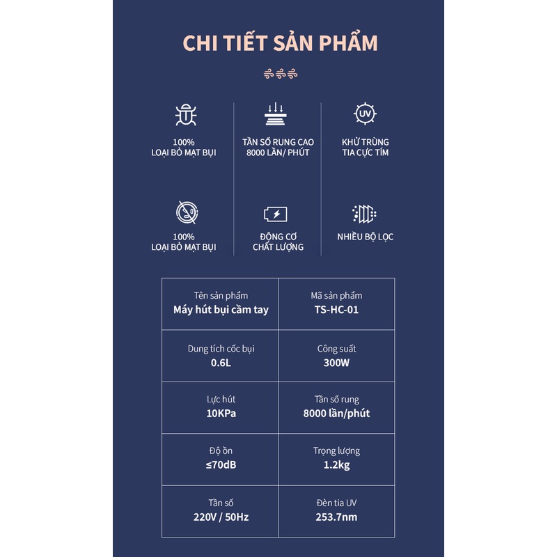 Máy hút bụi giường nệm cầm tay mini Việt Star Quốc Tế TS-HC01 công suất mạnh mẽ - Hàng chính hãng - Bảo hành 12 tháng