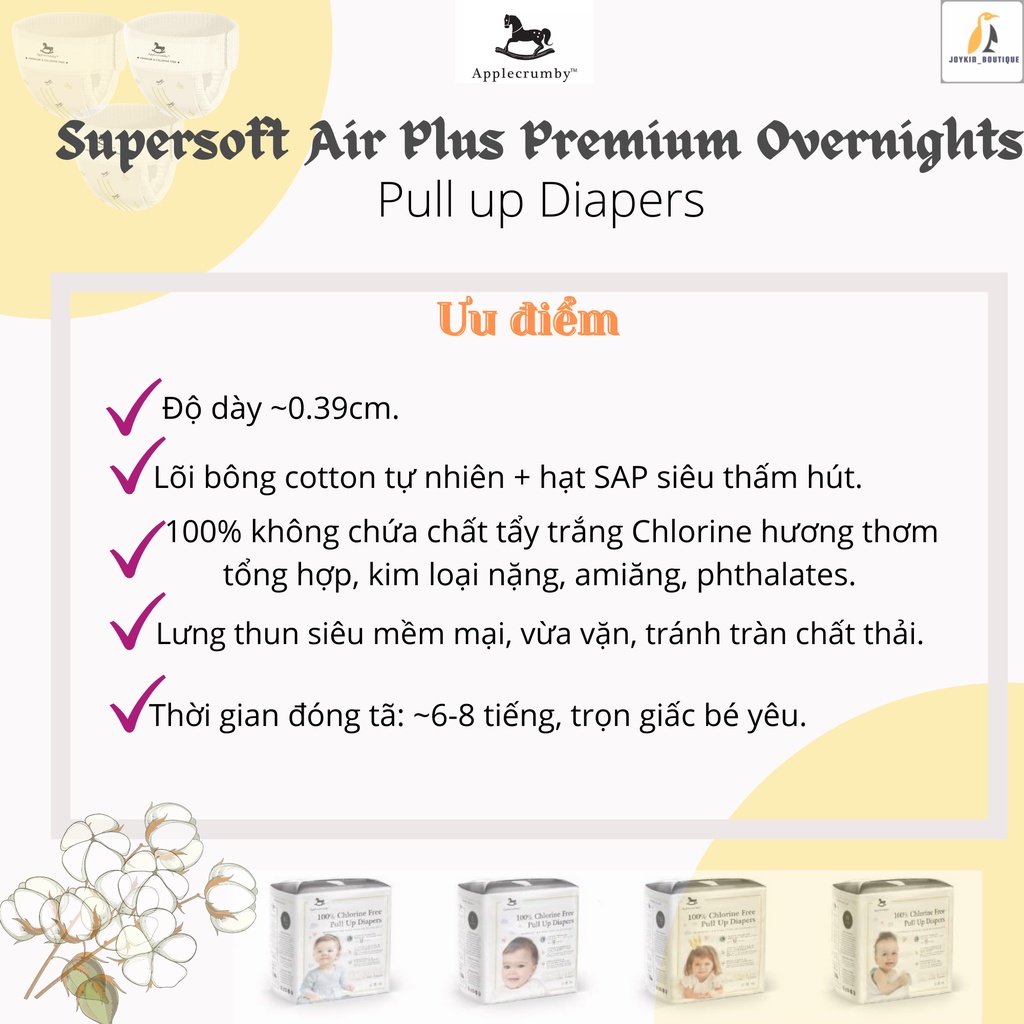 Tã/bỉm quần đêm Applecrumby Supersoft Air Plus Premium Overnights Pull up Diapers M22/L20/XL18/XXL16