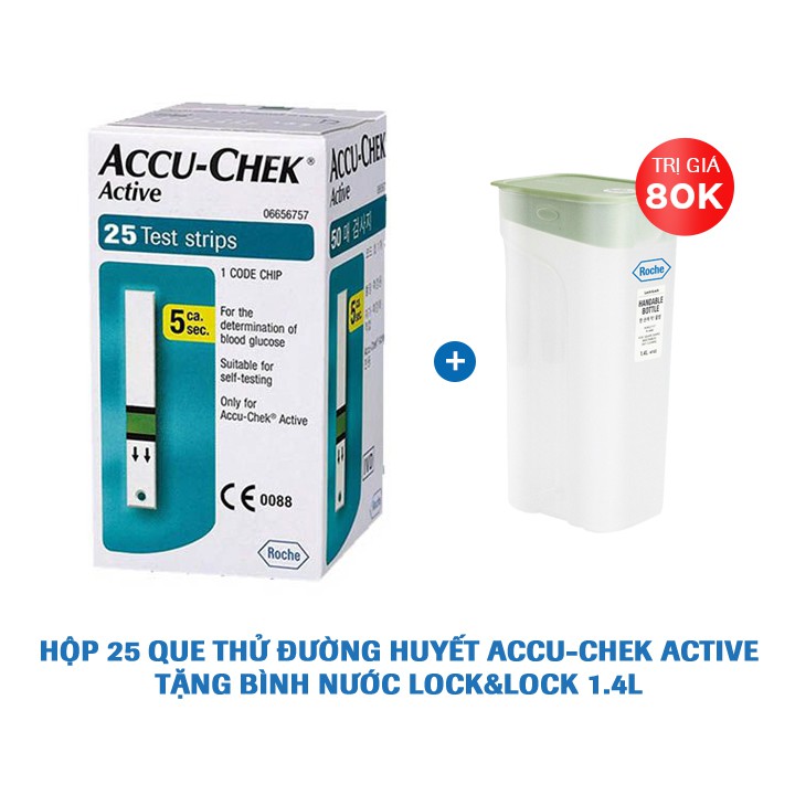 Que thử đường huyết Accu-Chek Active. Hộp 25 que + Tặng Bình nước Lock&Lock 1.4L trị giá 80k