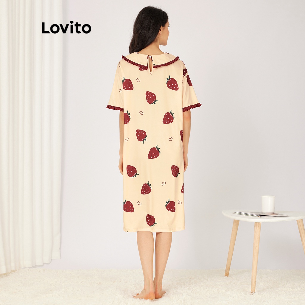 Đầm ngủ Lovito cổ búp bê in họa tiết dâu tây phong cách dễ thương L23AD124 (màu trắng ngà)