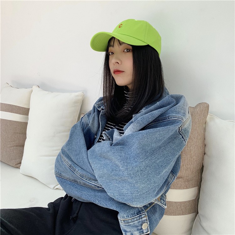 Mũ lưỡi trai bóng chày vành cong thêu chữ màu xanh lá dạ quang có thể điều chỉnh thời trang cho nam và nữ