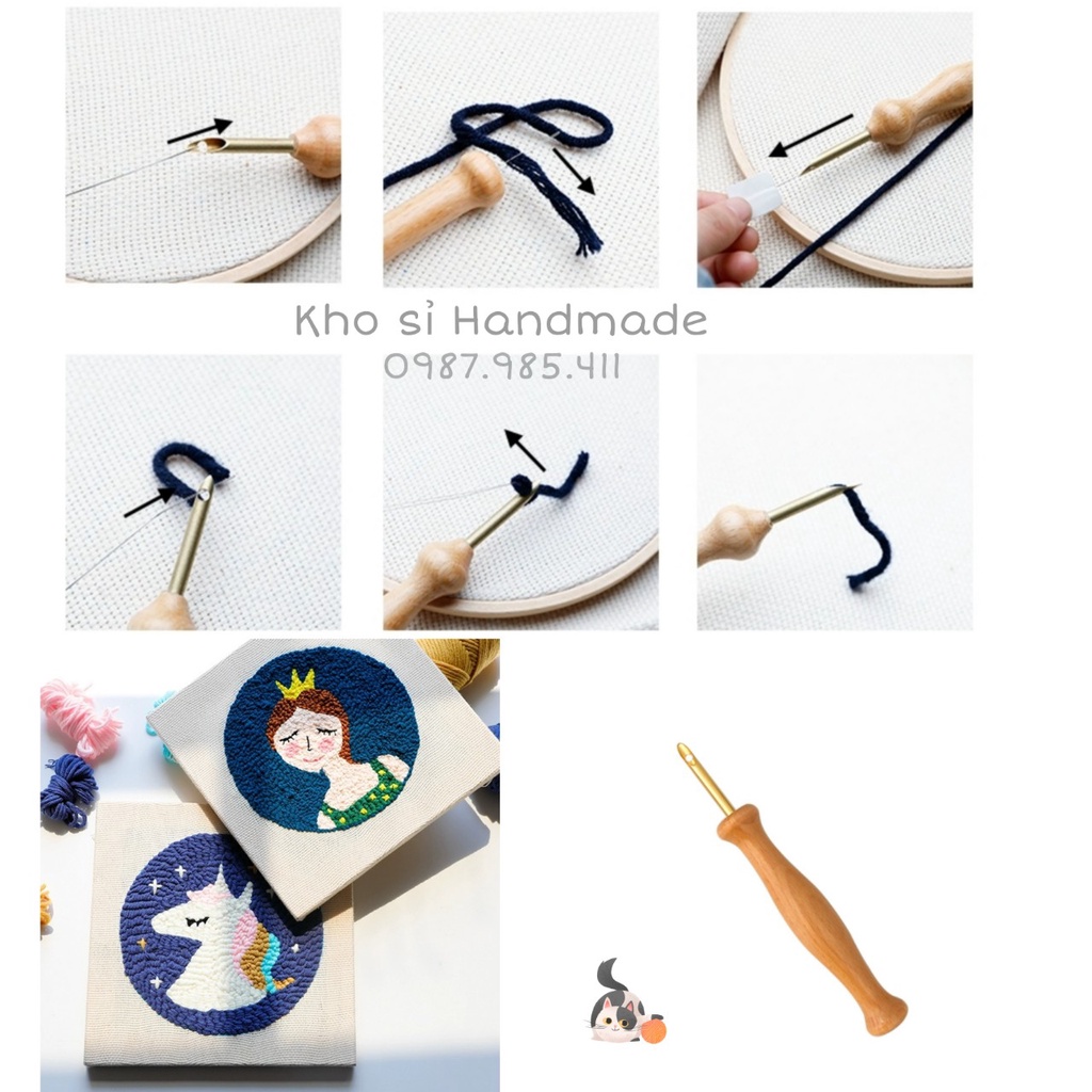 Bút gỗ thêu len xù, punch needle tools và bút đỏ đơn giản làm thêu nổi từ sợi len
