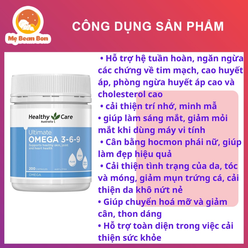 Omega 3 6 9 của Úc Healthy Care Ultimate 200 viên cho bé từ 2 tuổi trở lên giúp hỗ trợ sức khoẻ và cải thiện làn da