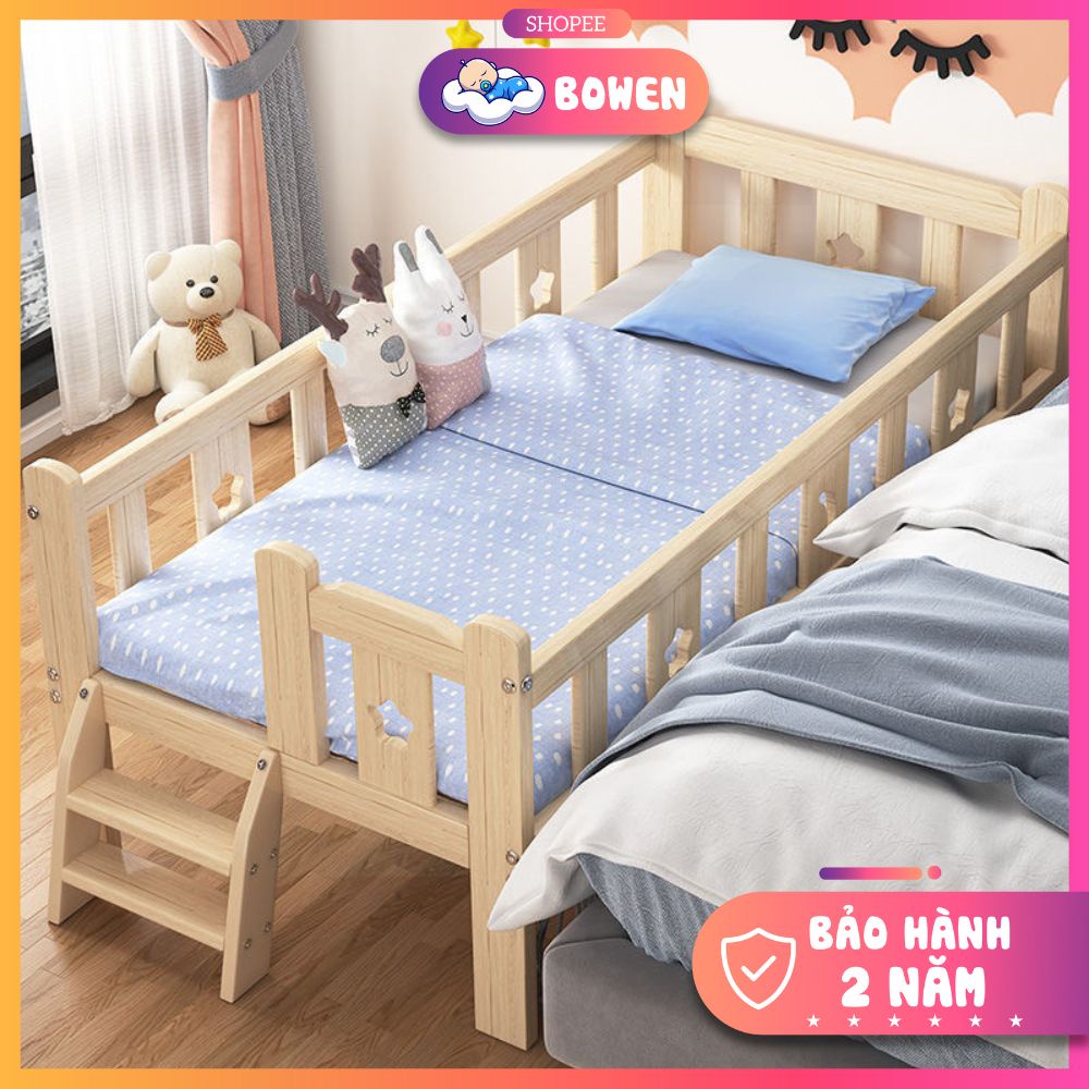 Giường Ngủ Trẻ Em Quây 4 Mặt Có Cầu Thang, Giường Gỗ Thông Kích Thước 200x100x40