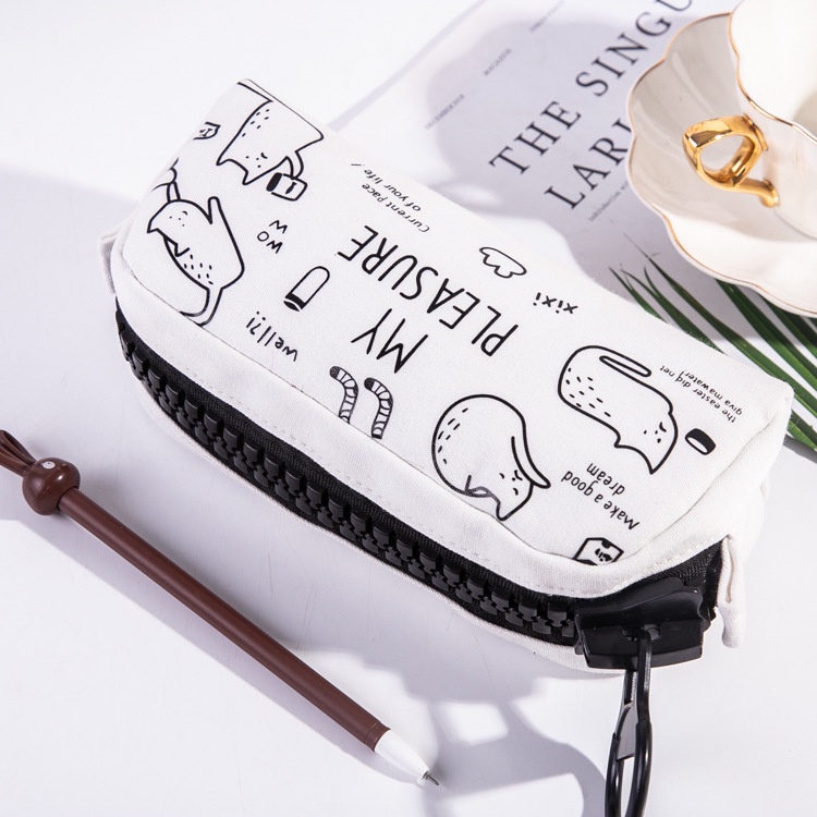 Túi Đựng Bút Màu Trắng Đen Sức Chứa Lớn Có Khóa Kéo Dành Cho Học Sinh