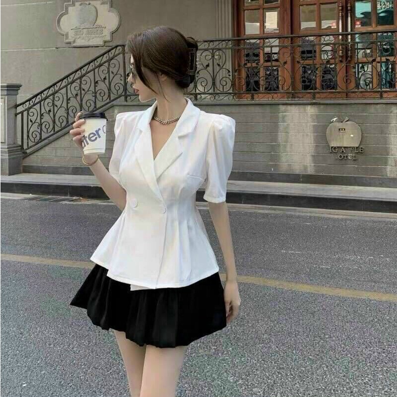 Set bộ đồ nữ áo vest phối nút kèm chân váy xòe xếp ly sang chảnh