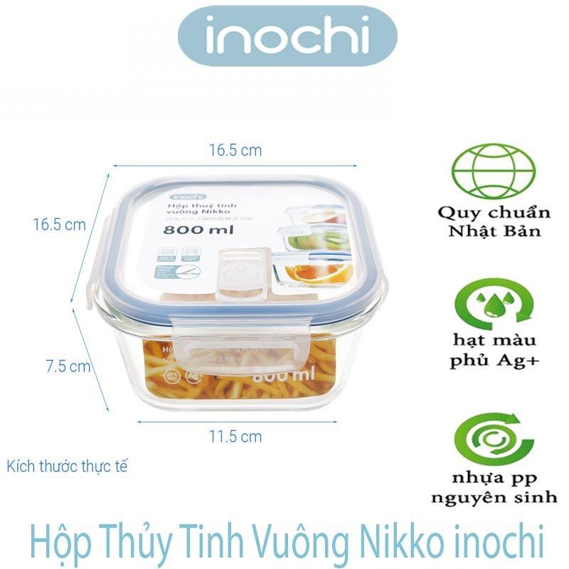 Hộp đựng thực phẩm hình vuông thủy tinh Inochi cao cấp